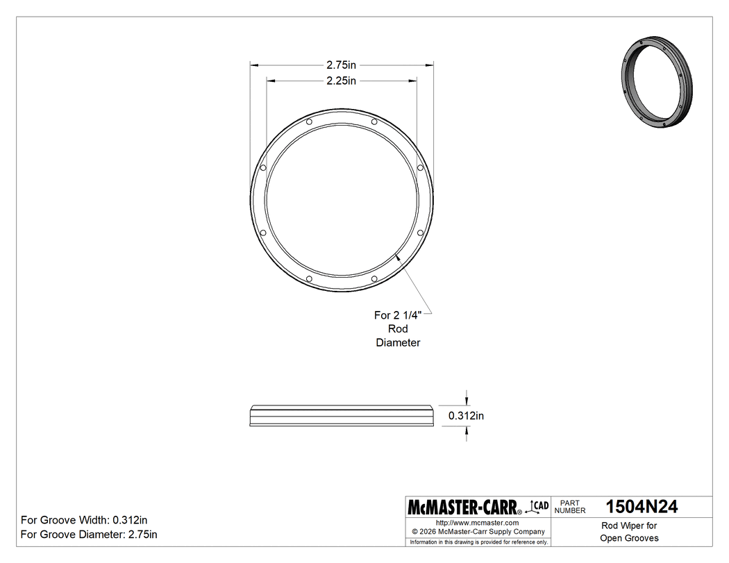 Technical Drawing of Rod Wiper for Open Grooves, for 2-1/4" Rod Diameter.